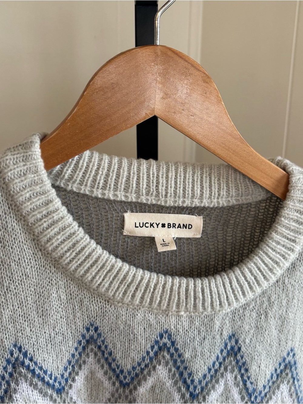 Lucky Brand Gray Blue Fair Isle Crewneck Pullover Sweater Women XL NWT Cozy Prep